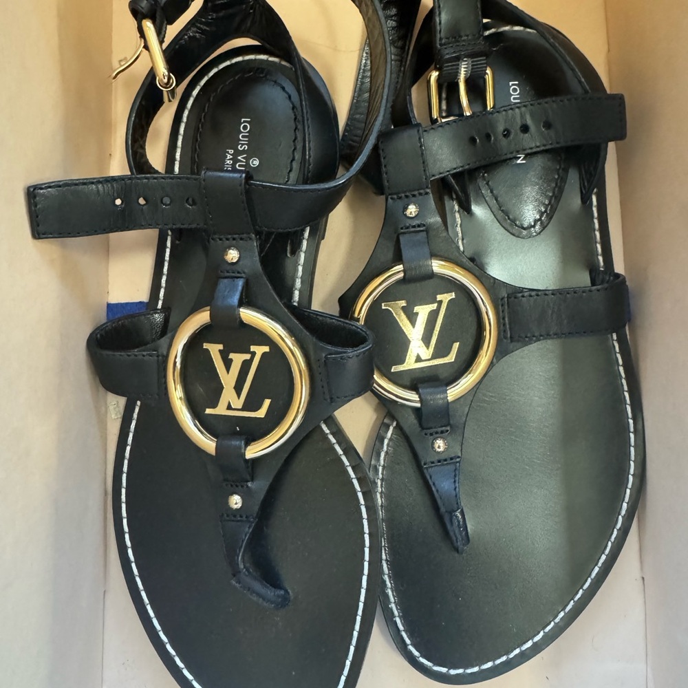 Louis Vuitton Black and Gold Leather Sandals
